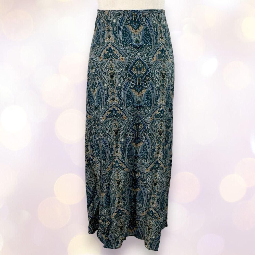 Liz Claiborne Early 2000's Green Teal Blue Paisley Rayon Midi Maxi Skirt 16P XL